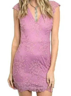 Xtaren Lace Flutter Sleeve V-Neck Bodycon Mini Dress Lilac Size Large NWT thumbnail 1