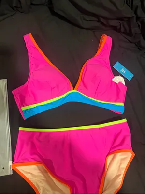Cupshe Neon Colorblock Bikini Top and High Waisted Bottoms Size L NWT thumbnail 3