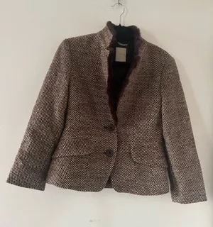 Brown Wool Tweed Blazer Fur Collar Medium Preppy Academia Equestrian Old Money thumbnail 1