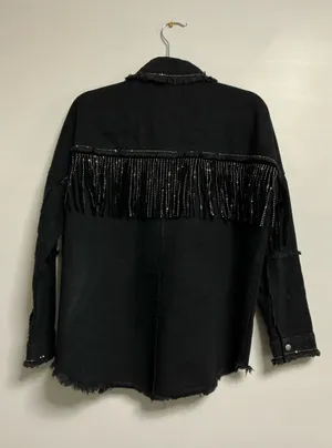 Zara Rhinestone Fringe Black Denim Jacket thumbnail 2