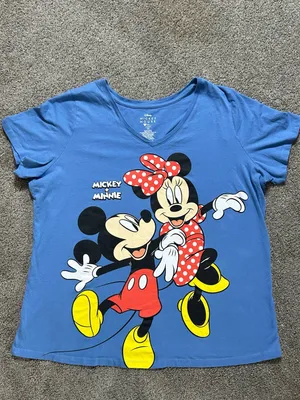 Disney Blue V-neck T-shirt with Large Mickey and Minnie Graphic size 1X thumbnail 2