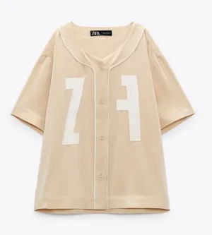 Zara Beige Short-Sleeve Button Front Top with White Number Patches thumbnail 1