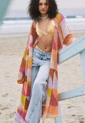 NWOT Free People Chasing Rainbows Long Cardigan Duster Crochet Size XS/S thumbnail 1