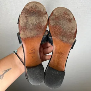 Genuine Leather Black H-Strap Slide Sandals Low Block Heel Contrast Stitch thumbnail 4
