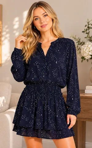 Rails Juliette‎ Navy Galaxy Long Sleeve Drop Waist Mini Dress Celestial Chic L thumbnail 1