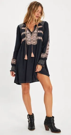 Free People Wind Willow Embroidered Peasant Mini Dress Boho Festival Indie M thumbnail 1