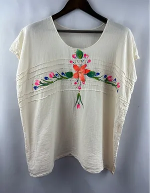 Women’s Handmade XL Cream Floral Embroidered Blouse thumbnail 1