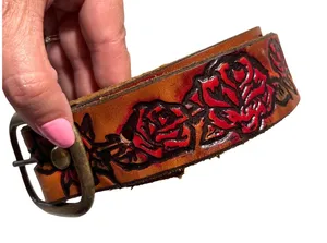 BeltStop‎ Tooled Leather Rose Belt Women 34/36 Tan Western Boho Floral Handcraft thumbnail 1