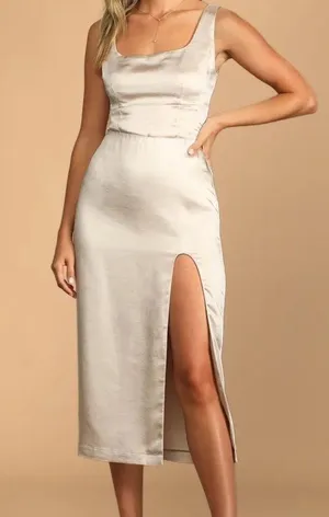 LULU’S Headed To Happy Hour Champagne Satin Midi Skirt thumbnail 1