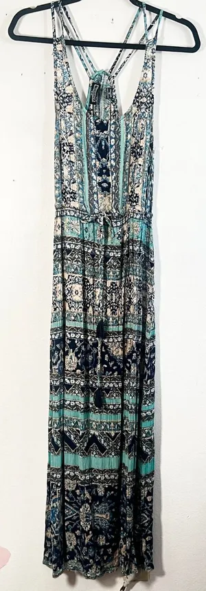 Angie Maxi Dress Women's Small Teal‎ Blue Boho Paisley Print Strappy Racerback thumbnail 1