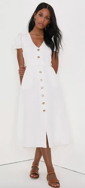 Lulus Sicily Sweetheart White Button-Front Puff Sleeve Midi Dress Classic Medium thumbnail 1