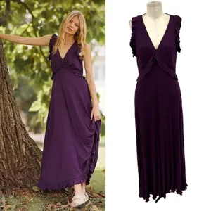 Anthropologie Maxi Dress‎ Deep-V Ruffled Sleeveless Viscose Purple Size Medium thumbnail 2