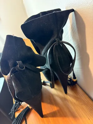 Colin Stuart Black Suede Platform Ankle Boots Tassel Tie Stiletto Booties Womens thumbnail 3