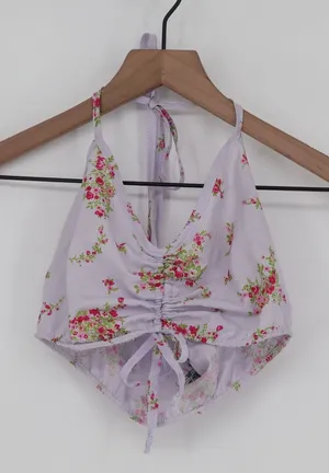 Urban Renewal Halter Top Womens XS Vintage Fabric Lavender Floral Ruched thumbnail 1