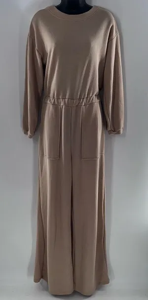 WinWin Refuge Tan Textured Knit Fabric Long Sleeve Jumpsuit w/Deep V Back-Sz S thumbnail 1