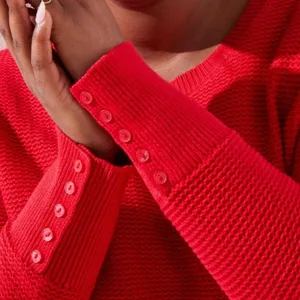 ANN TAYLOR LOFT Textured Button Cuff Sweater Bright Red 100% Cotton Crew Neck M thumbnail 3