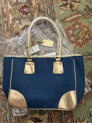 Neiman Marcus Denim Medium Tote Hand Bag Blue and Gold Women’s NWT thumbnail 4