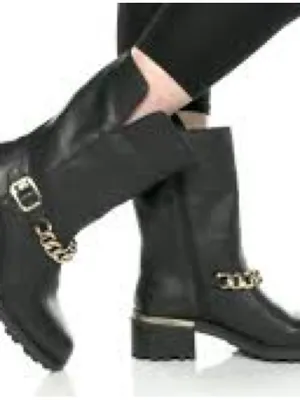 Vince Camuto women Black Leather biker moto Mid-Calf with Gold Chain boots US 8 thumbnail 9