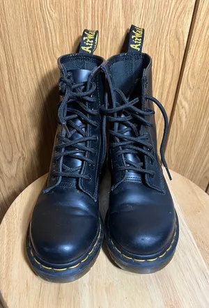 Dr. Martens Black Lace-Up Leather Boots with Yellow Stitching thumbnail 1