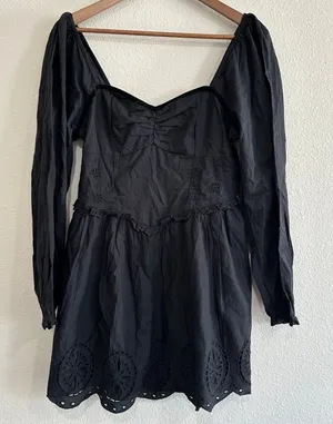 American Eagle Black Eyelet Mini Dress Long Sleeve Smocked Sweetheart Medium NWT thumbnail 1