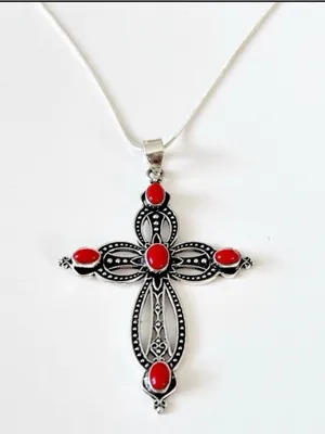 925 Sterling Silver Coral Cross Necklace Gemstone womens jewerly thumbnail 1