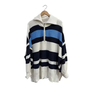 Aerie Oversized Quarter Zip Striped Cotton Sweater XL Navy Blue Cream Slouchy thumbnail 2