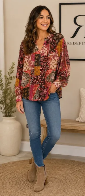 Entro Womens Medium Patchwork Paisley Ruffle Neck Long Sleeve Blouse Multicolor thumbnail 1
