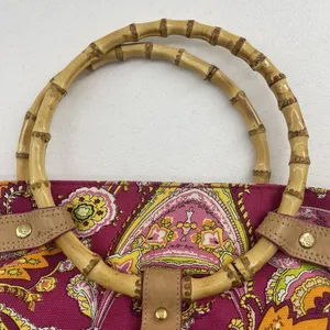 Ralph Lauren Vachetta‎ Leather Paisley Canvas Purse Handbag Round Bamboo Handle thumbnail 11