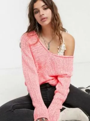 Free People Sweater Chunky Neon Pink Slouchy Dolman Open Knit, Size Small thumbnail 1