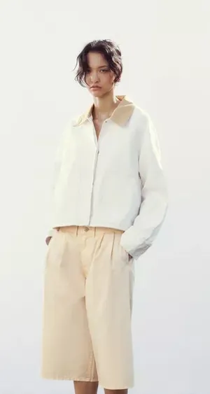 Zara Cream Zip-Up Cropped Jacket with Beige Collar thumbnail 1