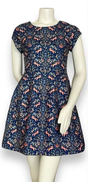 Pink Martini Dress Fox Print Blue Floral A-Line Lined‎ Small Women Cap Sleeves thumbnail 1