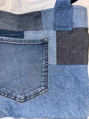Denim Tote Bag Made Up Of All Different Swatches Of Denim Pocket On The Outside thumbnail 7