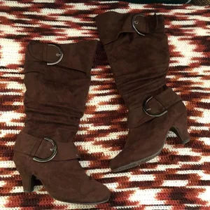 Y2K Brown Faux Suede Leather Mid Calf Boots Ruched Silver Large Chunky Buckles Round Toe Kitten Heels #western #country #boho #whimsygoth #stagecoach festival thumbnail 1