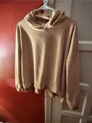 Aerie Velour Soft Oversized Pullover Hoodie Tan Lounge Sweatshirt Cozychic Large thumbnail 3