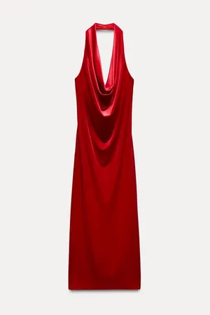 Zara dress maxi festive velour red halter party wedding Christmas thumbnail 8