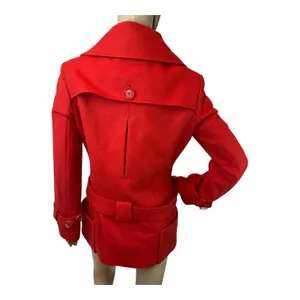 Red Wool Blend‎ Belted Peacoat Jacket with Wide Collar and Oversized Buttons S thumbnail 2
