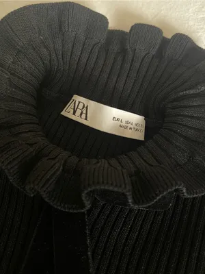 NWOT ZARA Black Ribbed Knit Ruffle Neck Sweater Velvet Bow Size L thumbnail 8