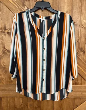 Maurices Women’s Medium Striped Button Front 3/4 Sleeve Blouse Black Orange Teal thumbnail 1