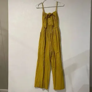 Lulus Mustard Stripe Wide Leg Jumpsuit XS Boho Button Front Romper thumbnail 3