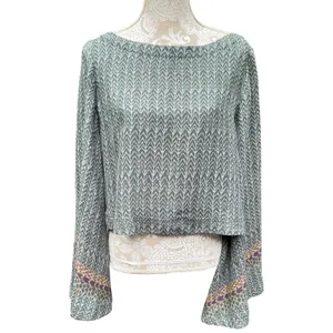 Free People Stars Align Sage Green Bell Sleeves Crop Blouse M Boho Festival Sz M thumbnail 4