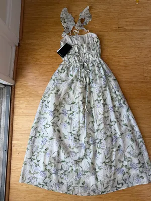 En Saison Charleston Floral Ruffle Midi Dress Natural Indigo NWT M thumbnail 7