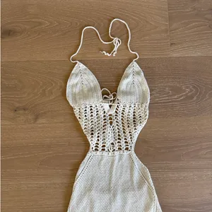 White Fox Midi Dress Crochet Halter Cut Outs Size S/M Beige thumbnail 2