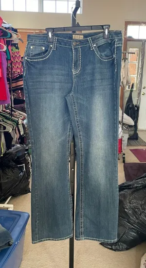 Women's Earl Jean Blue Boot Cut Jeans with White Stitching, Size 14 thumbnail 1