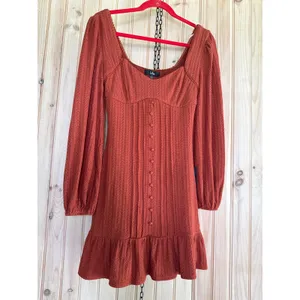 NWT Lulus Coveted Sweetness Rust Pointelle Knit Long Sleeve Mini Dress Party S thumbnail 2