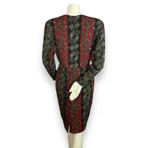 Vintage Dress 80s Pencil Petal Hip‎ Skirt Layer Striped Floral Women Retro Black thumbnail 2
