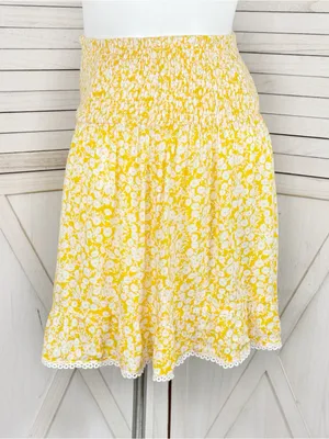 Lost + Wanderer Floral Lace Hem Smocked Waist Mini Skirt Yellow White XL Cottage thumbnail 2