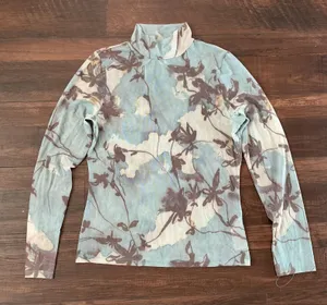 By Anthropologie Floral Mesh Mock Neck Top Blue Brown Botanical Sheer Large L thumbnail 1