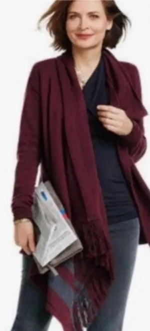 CAbi Port Wine‎ Fringe Wrap Cardigan Sweater thumbnail 1