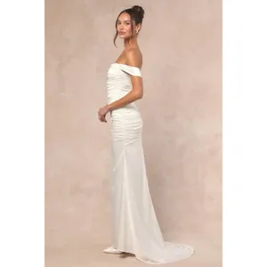 Lulus Torri White Satin Off-the-Shoulder Maxi Dress Size small Bridal classic thumbnail 3