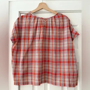 Madewell Orange White Plaid Shirred Cotton Blouse Size XS Oversized Boxy‎ EUC thumbnail 4